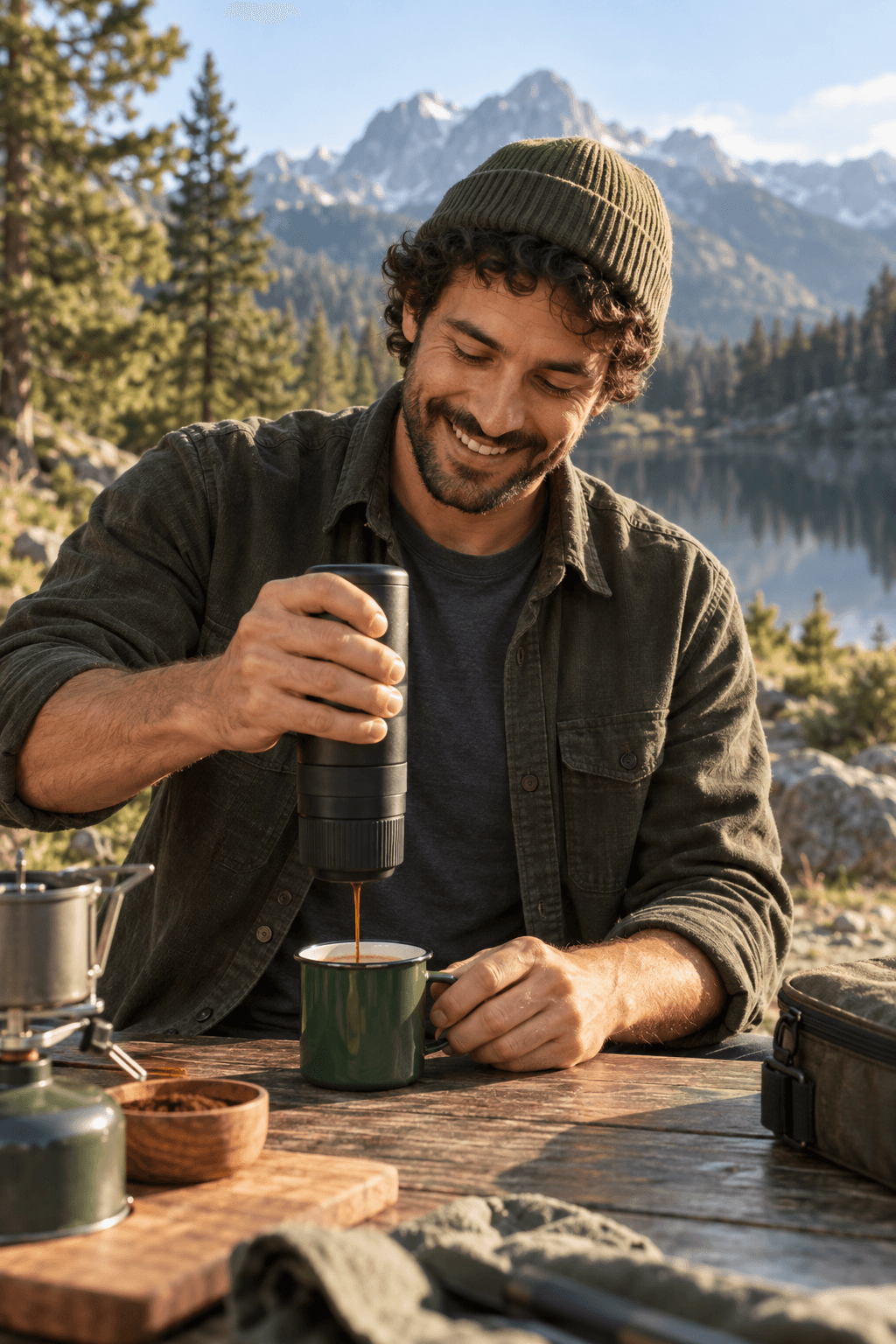 A creator brewing coffee with a portable espresso maker beside a mountain lake