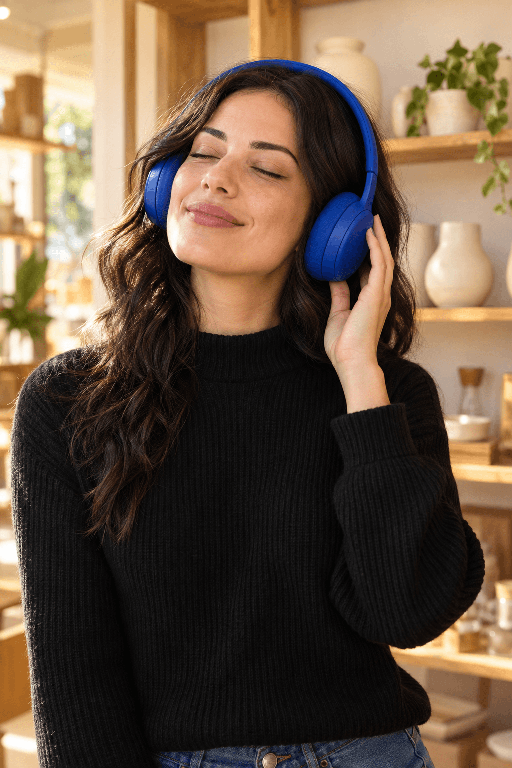 A creator enjoying cobalt-blue headphones in a warm local shop